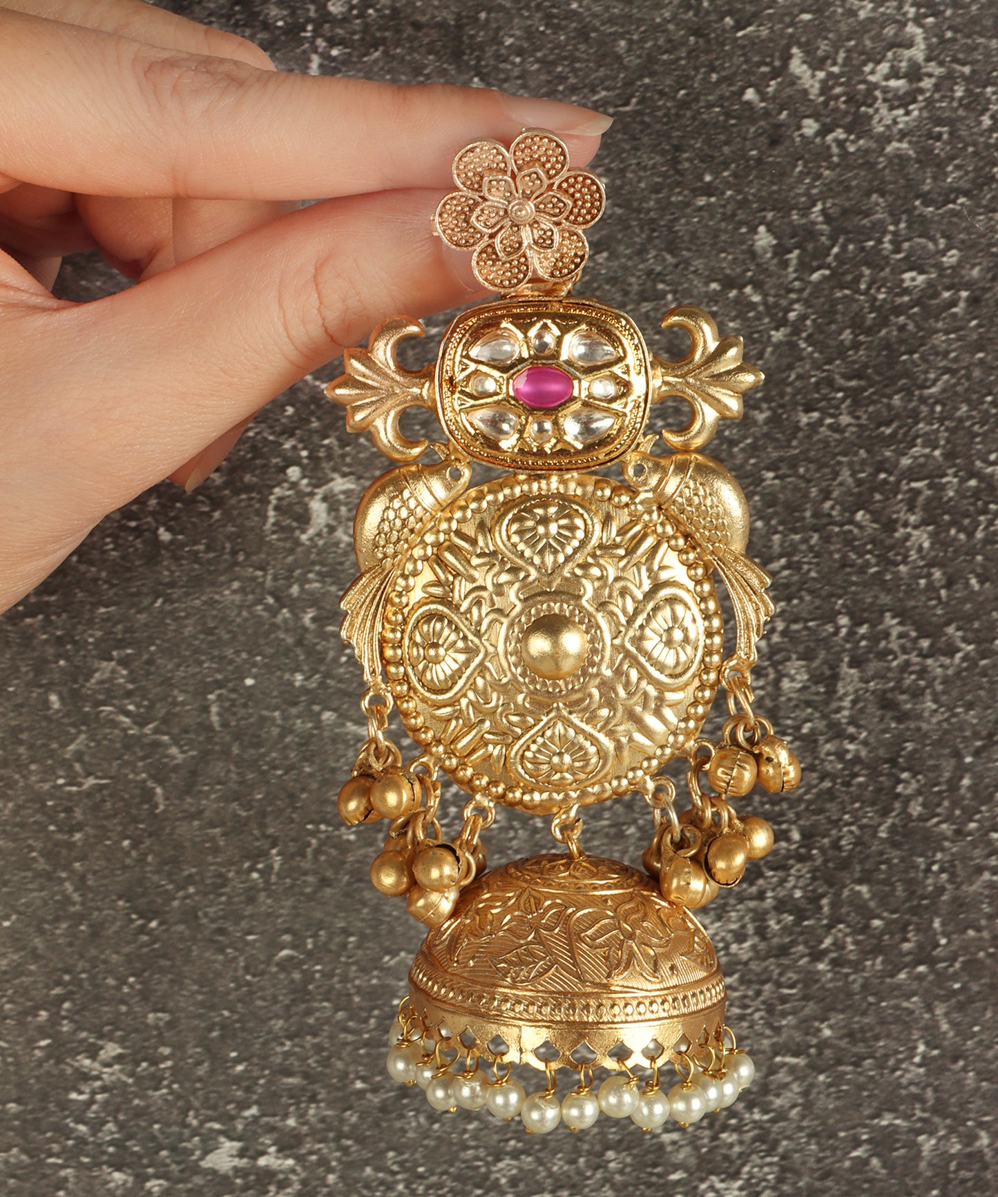 Floral Round Gold Jhumka Earrings with Ruby & Pearl Detailing