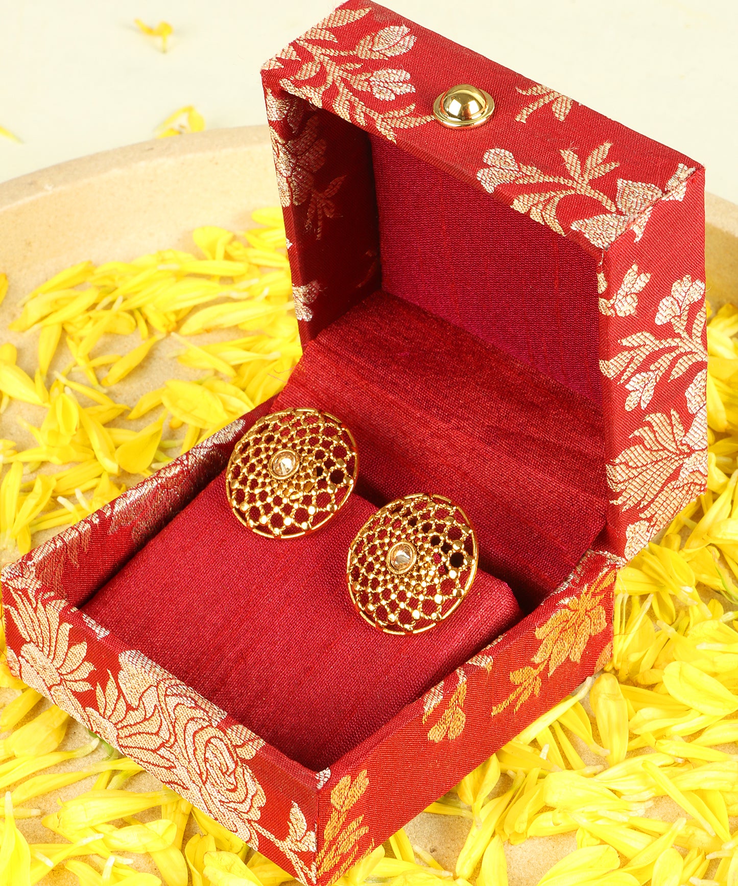 Round Gold Stud Earrings with Crystal