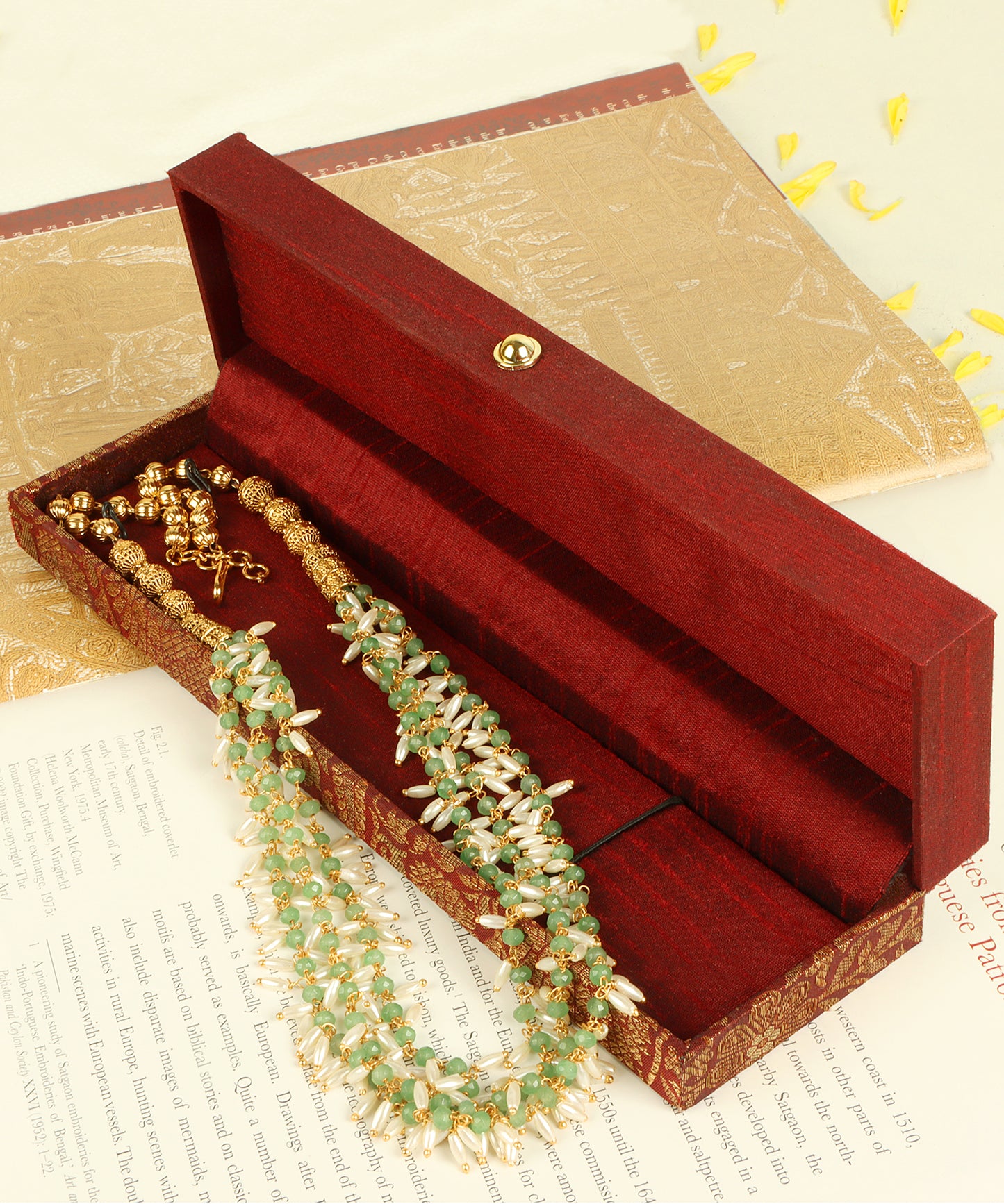 Gold Emerald & Pearl String Necklace – Multi-Layered Design