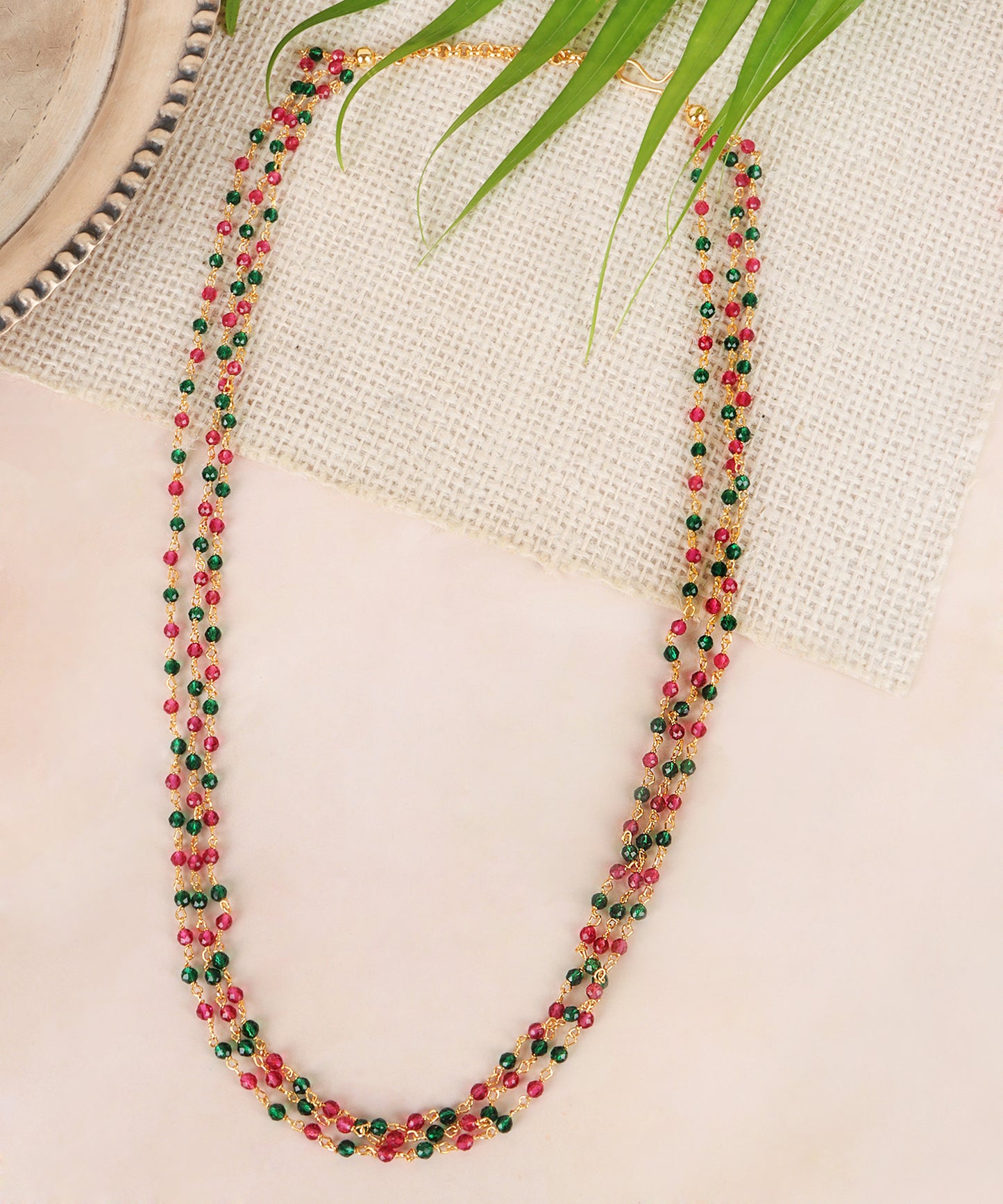 Traditional Ruby-Emerald Beaded Gold Necklace