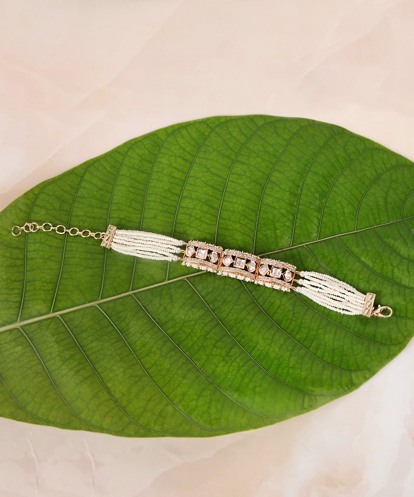 Rajasthan-Inspired Polki Bracelet with Gold Detailing and Pearls