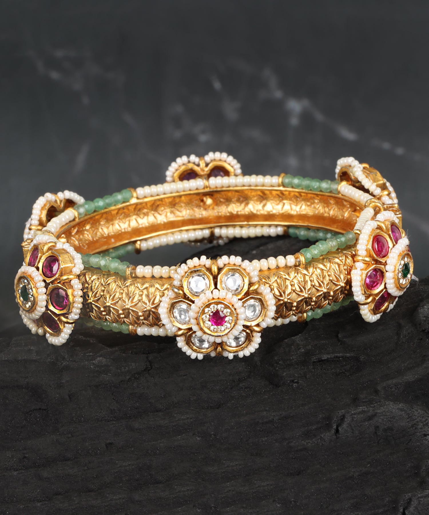 Heritage Pacheli Bangle with Polki Diamonds, Ruby, Emerald & Pearls