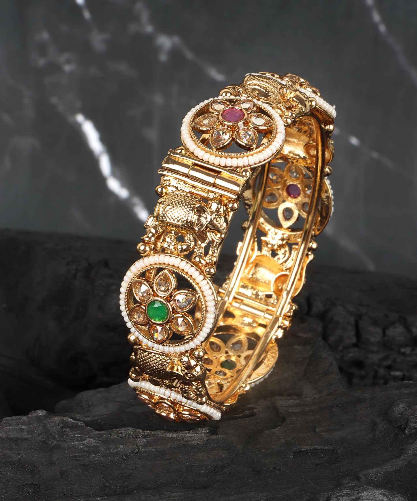 Regal Polki Kundan Bangle with Ruby & Emerald Accents