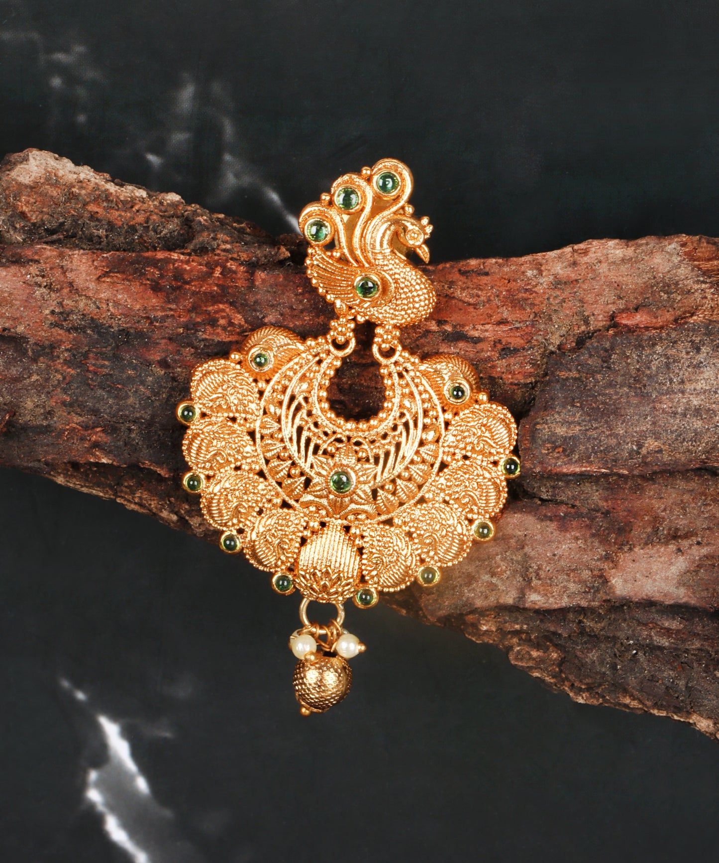 Heritage Gold Peacock Chandbalis with Emerald Detailing
