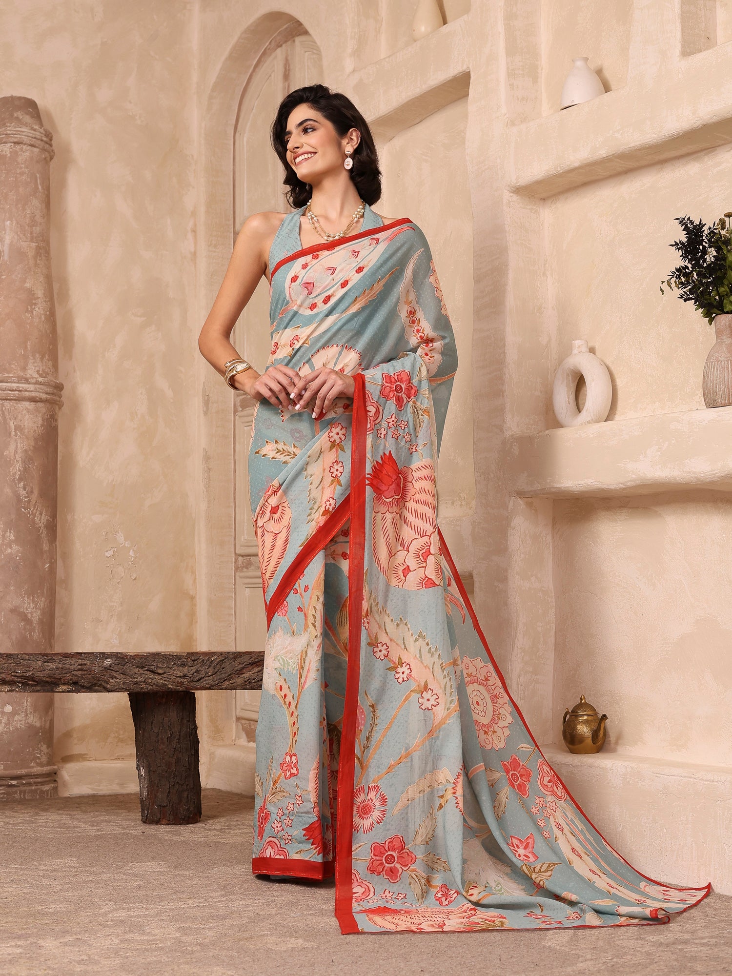 Gulnaar Powder Blue Chanderi Saree