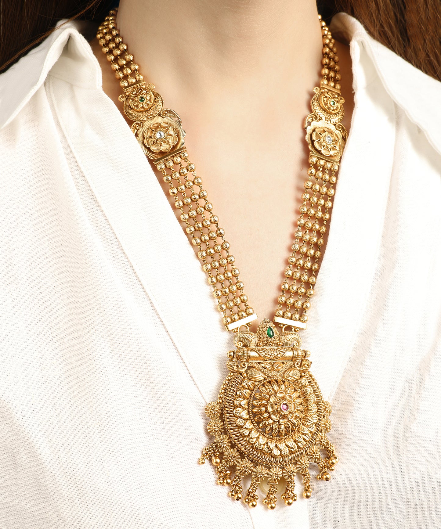 Traditional Round Temple Design Gold Necklace with Jhumka Earrings