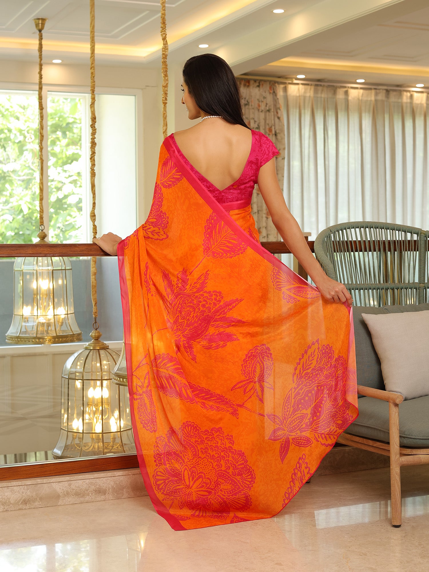 Myra Fuschia Orange Chintz Saree