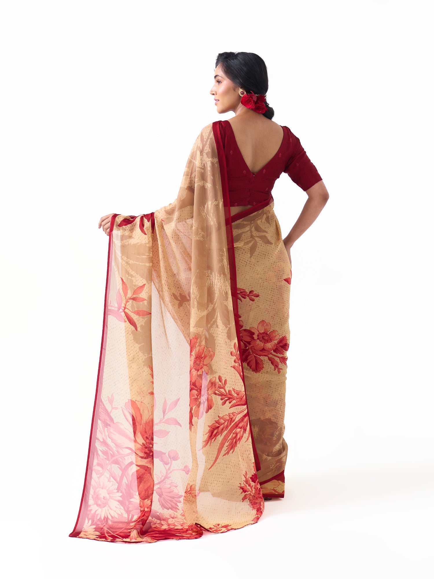 Noor Red Botanical Chinon Saree
