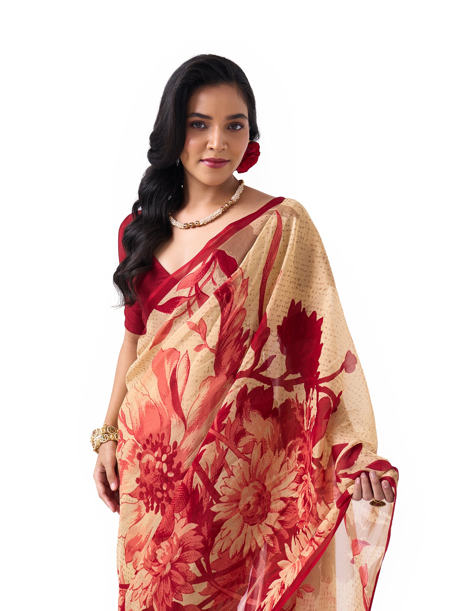 Noor Red Botanical Chinon Saree