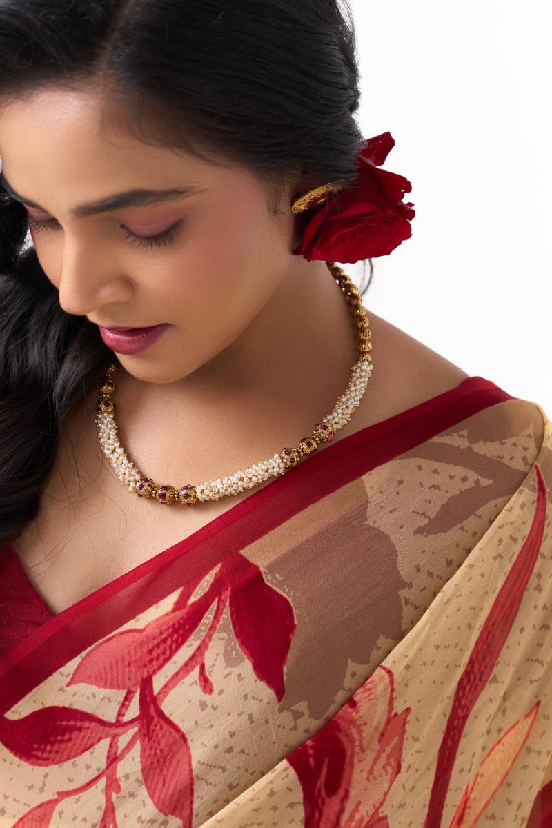 Gold Ruby & Pearl Beaded String Necklace