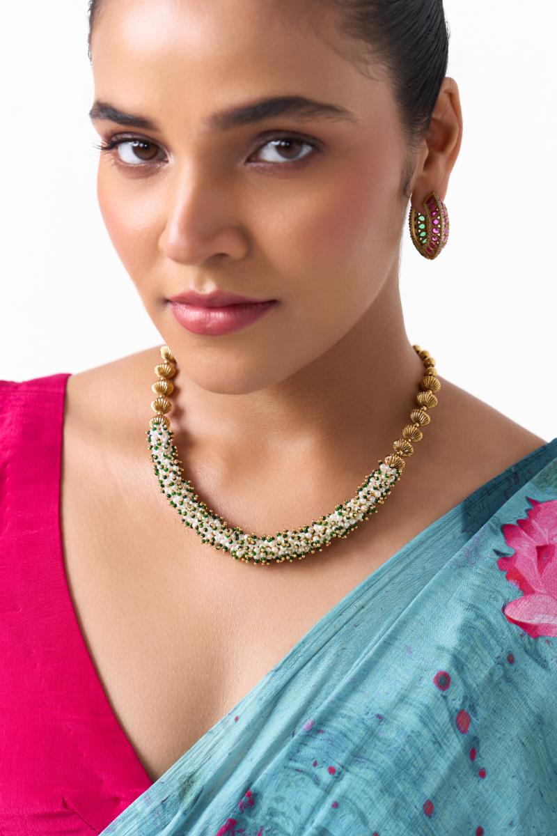 Timeless Glow Pearl & Emerald Beaded Gold Necklace