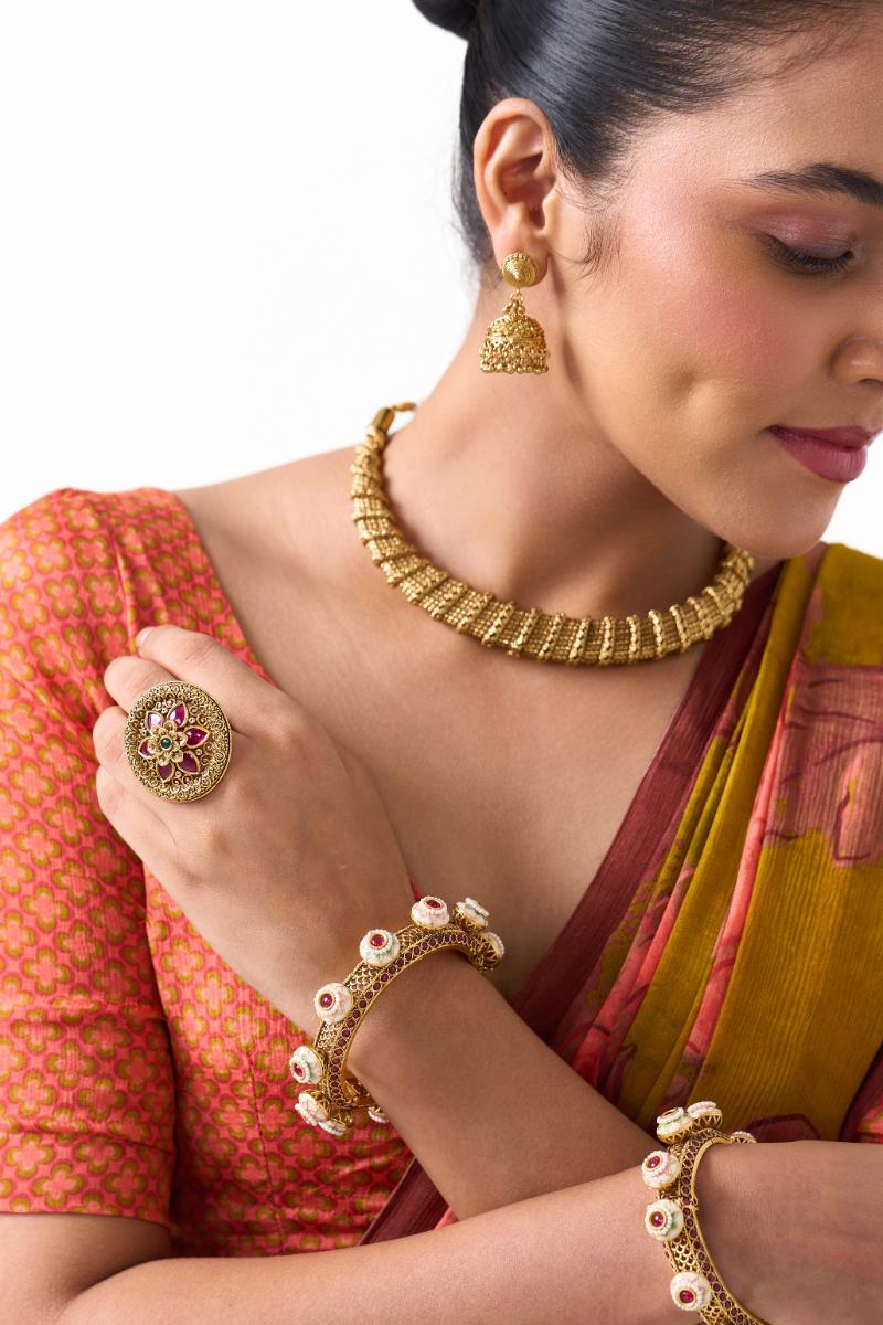 Traditional Gold Choker Necklace with Jhumka Earrings