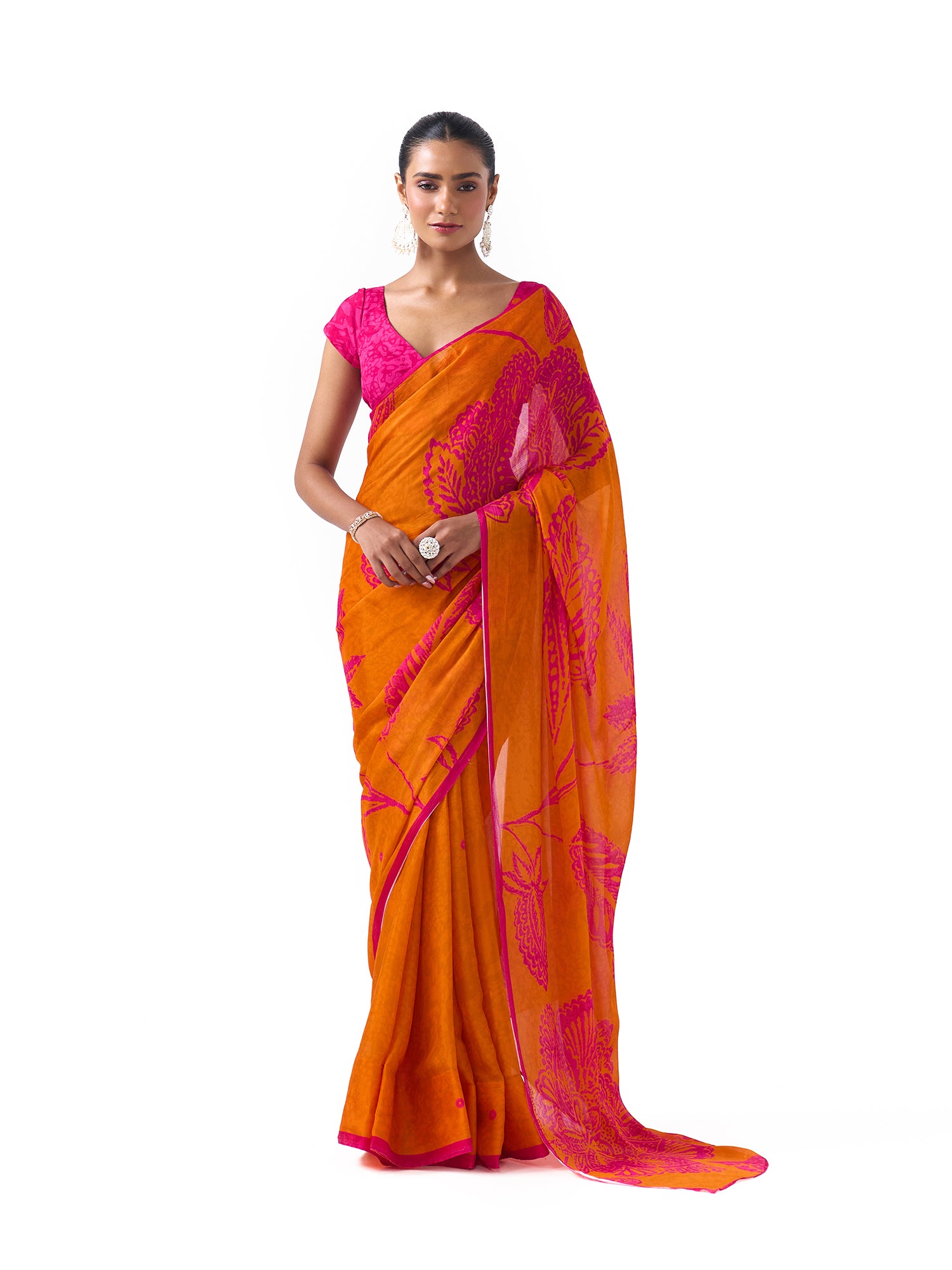 Myra Fuschia Orange Chintz Saree