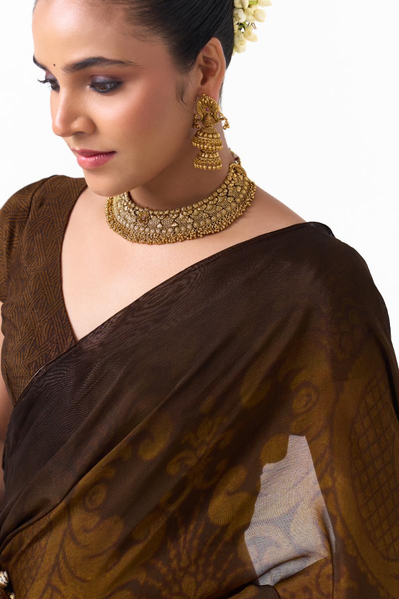 Traditional Gold Choker Necklace with Matching Jhumka Earrings – Floral Motif