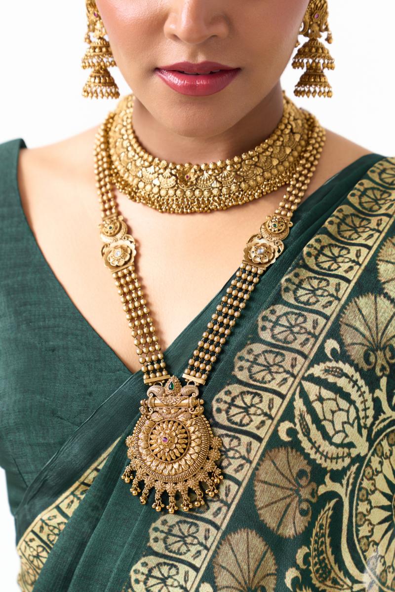 Traditional Round Temple Design Gold Necklace with Jhumka Earrings