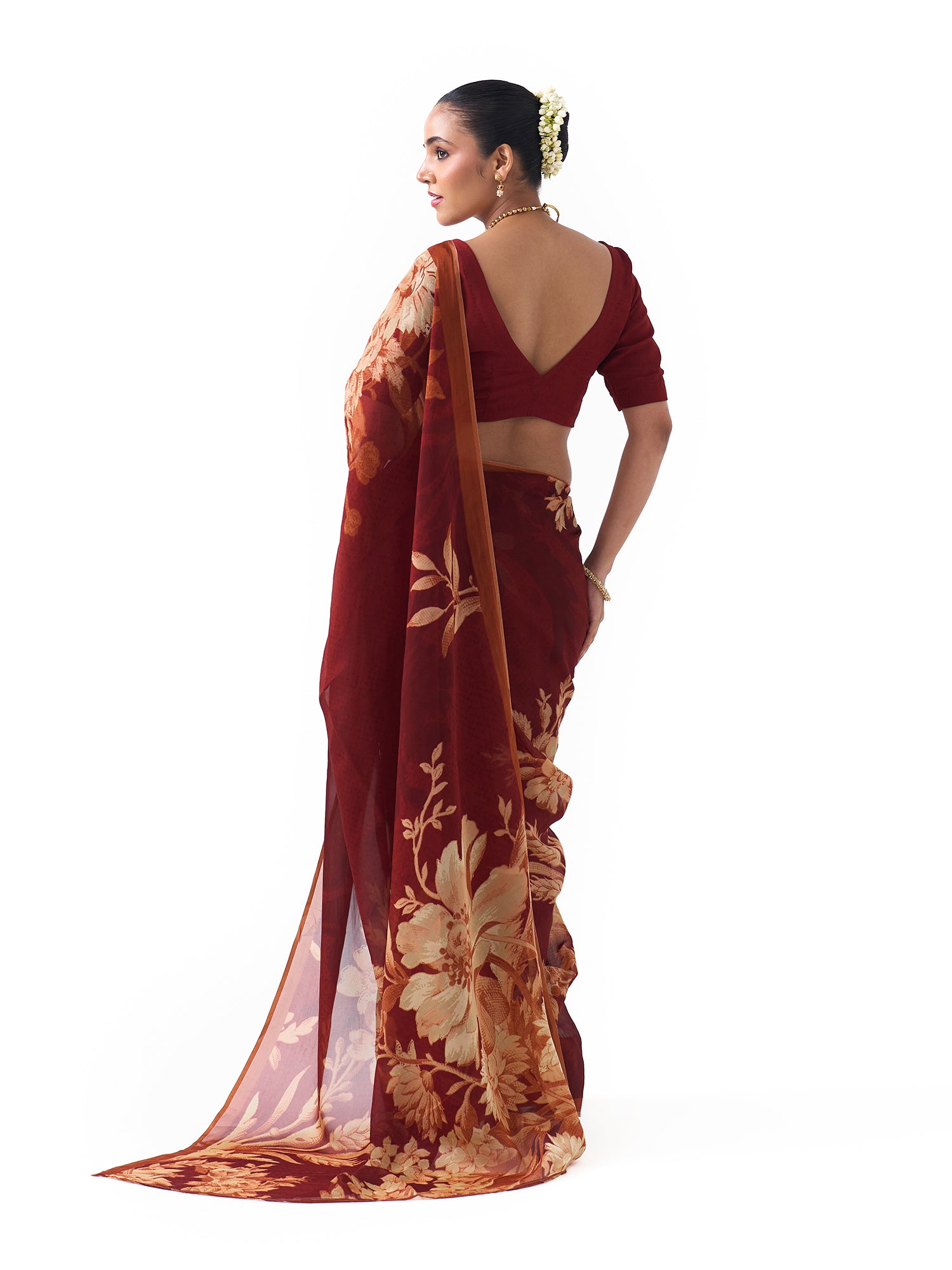 Noor Teracotta Red Botanical Chinon Saree