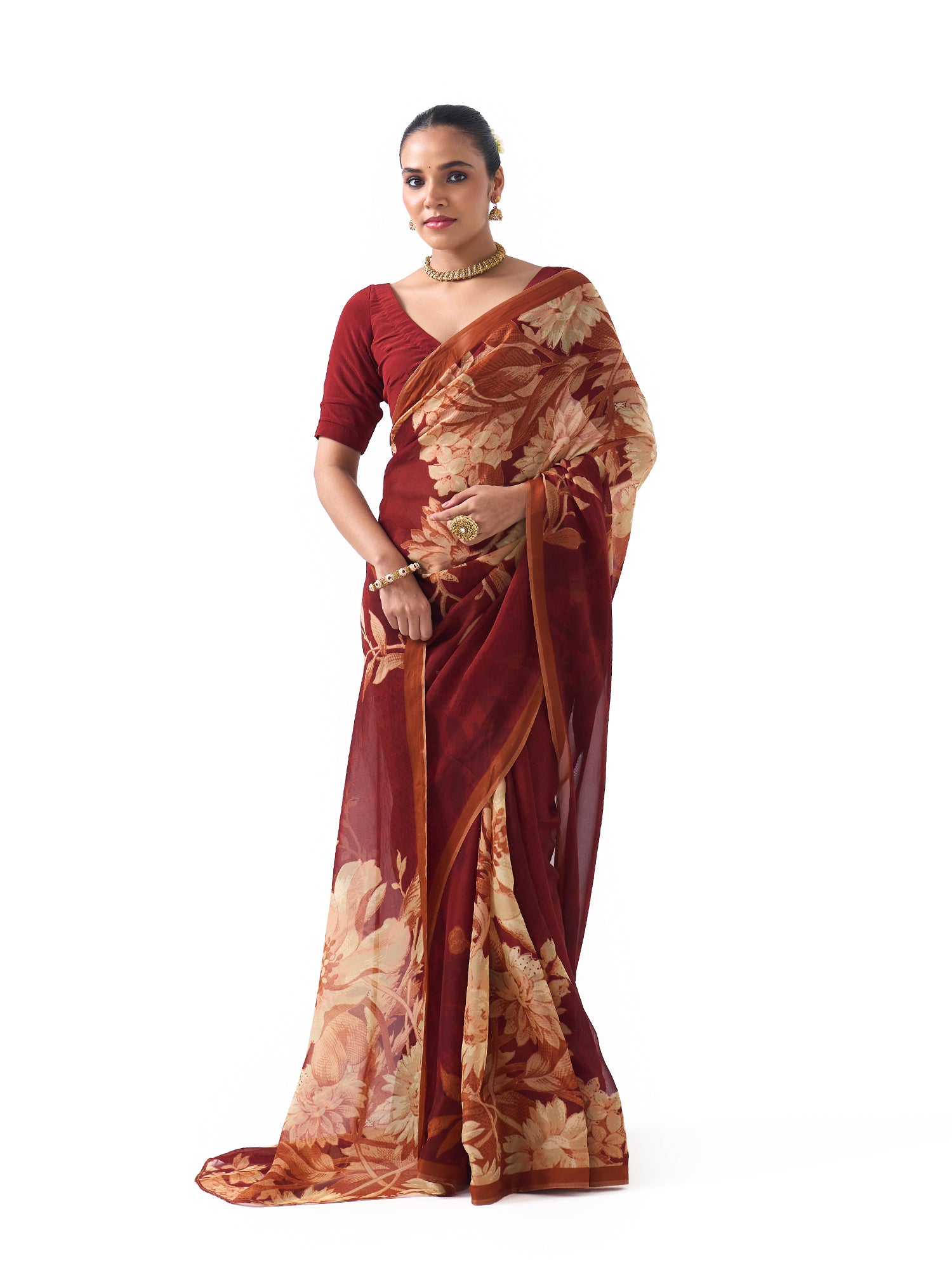 Noor Teracotta Red Botanical Chinon Saree