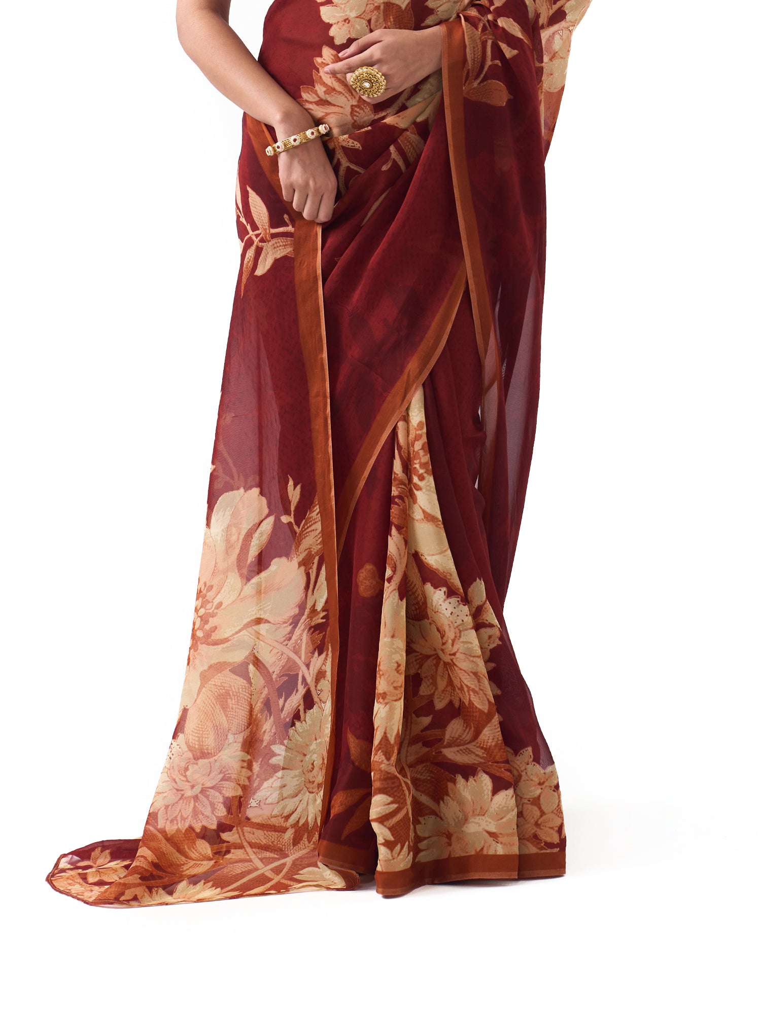 Noor Teracotta Red Botanical Chinon Saree