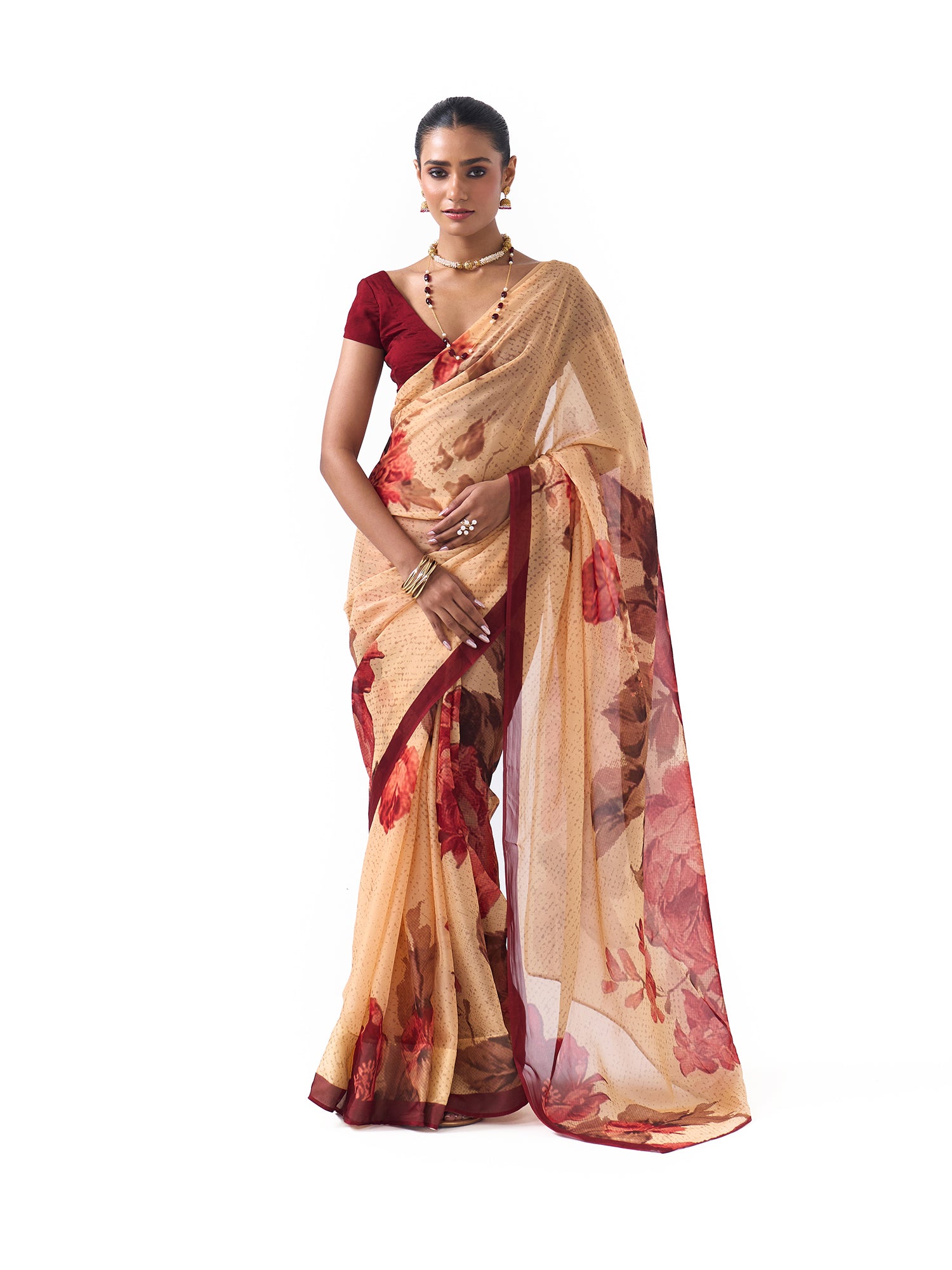 Nia Beige Big Blossoms Saree
