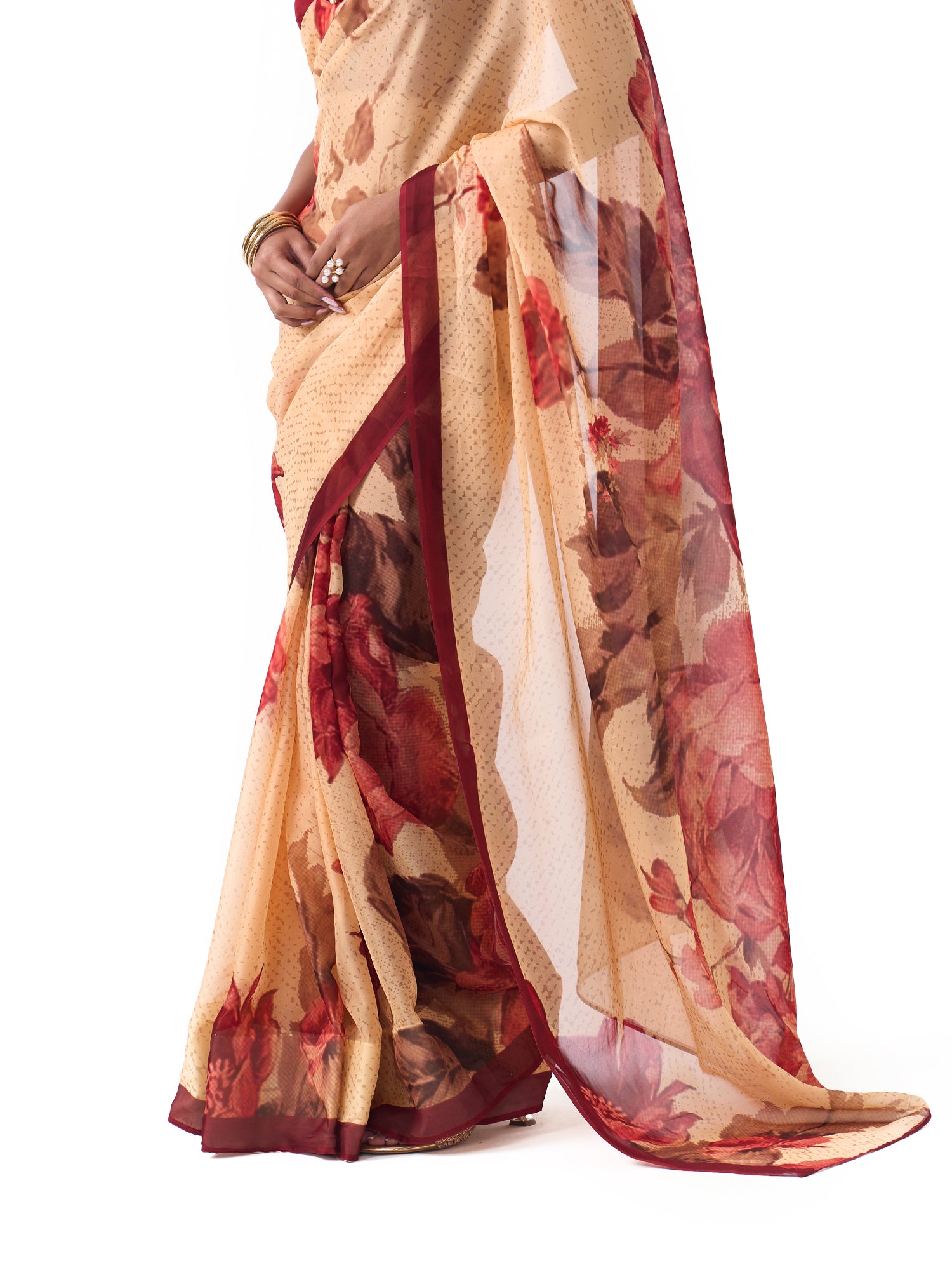 Nia Beige Big Blossoms Saree