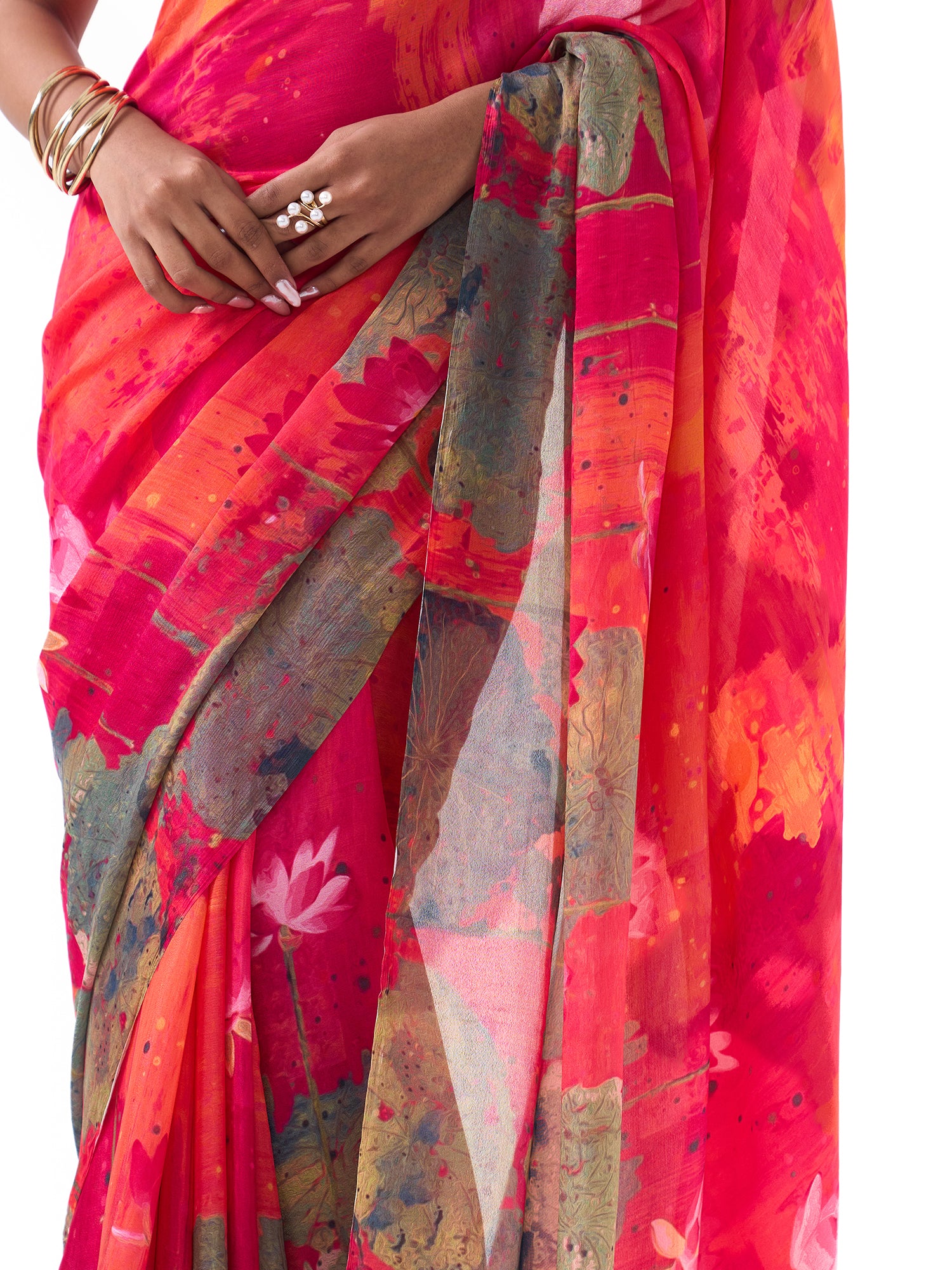 Ela Coral Red Lotus Saree