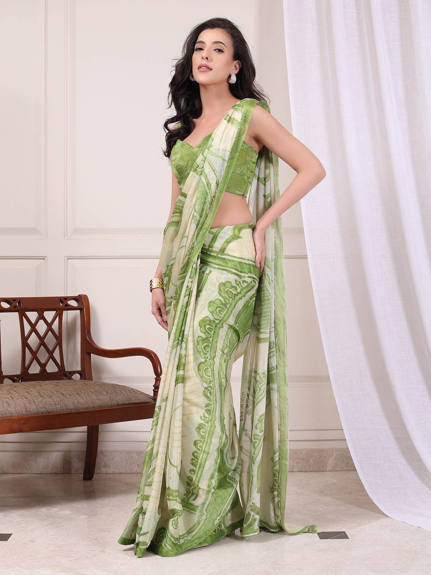 Amara Lime Green and Ivory Abstract Paisley Chinon Saree