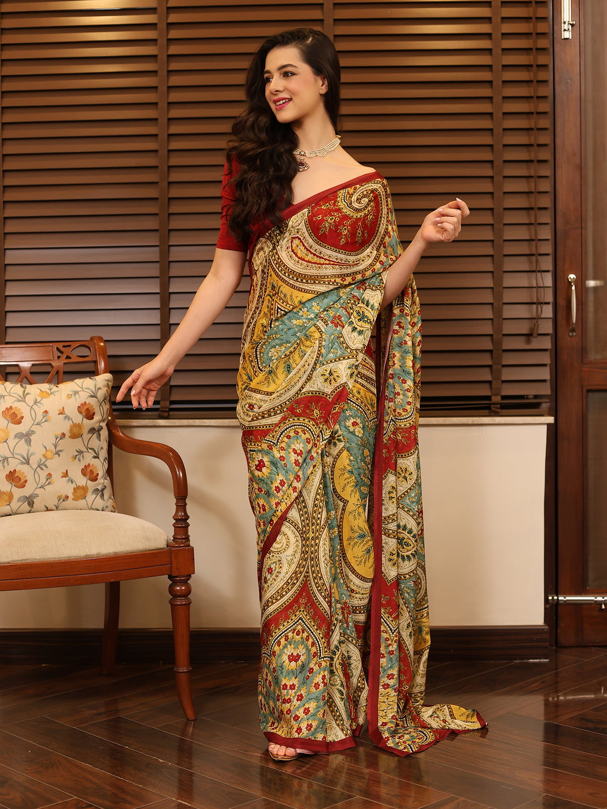 Aafreen Crimson Red Mustard Ornamental Paisley Chinon Saree