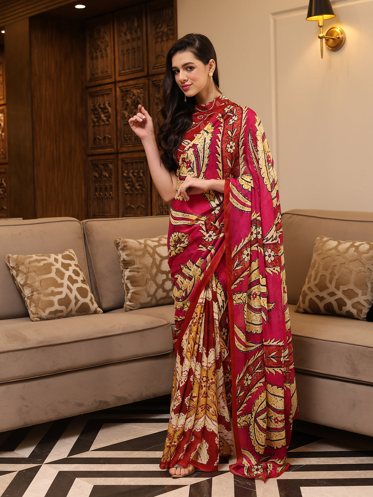 Ruhani Ruby Red Mustard Ornamental Paisley Chinon Saree