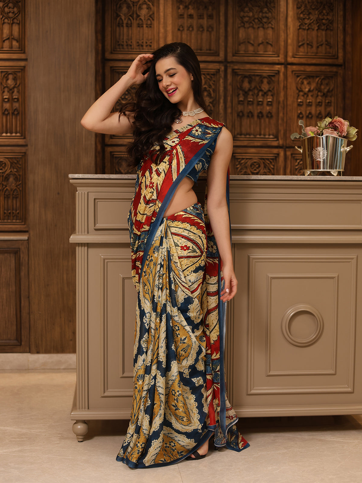 Ruhani Navy Blue Beige Rust Ornamental Paisley Chinon Saree