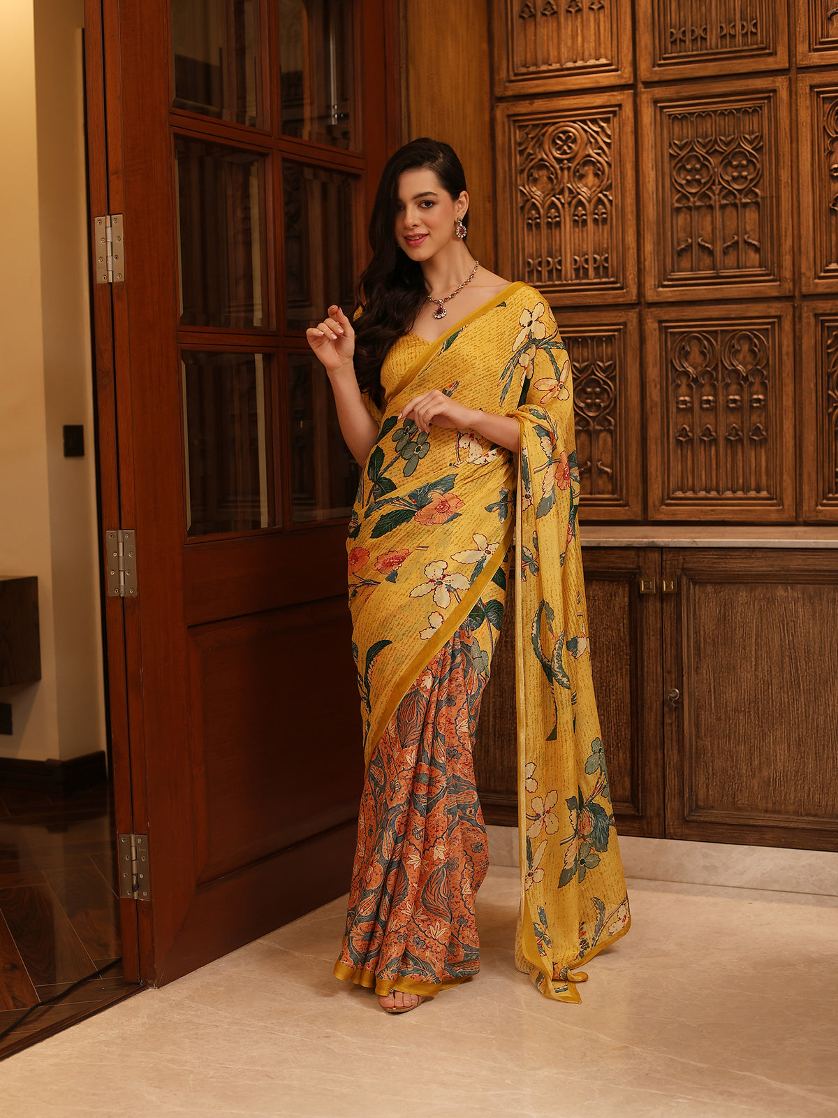Gulbano Mustard Yellow Teal Botanical Floral Chinon Saree
