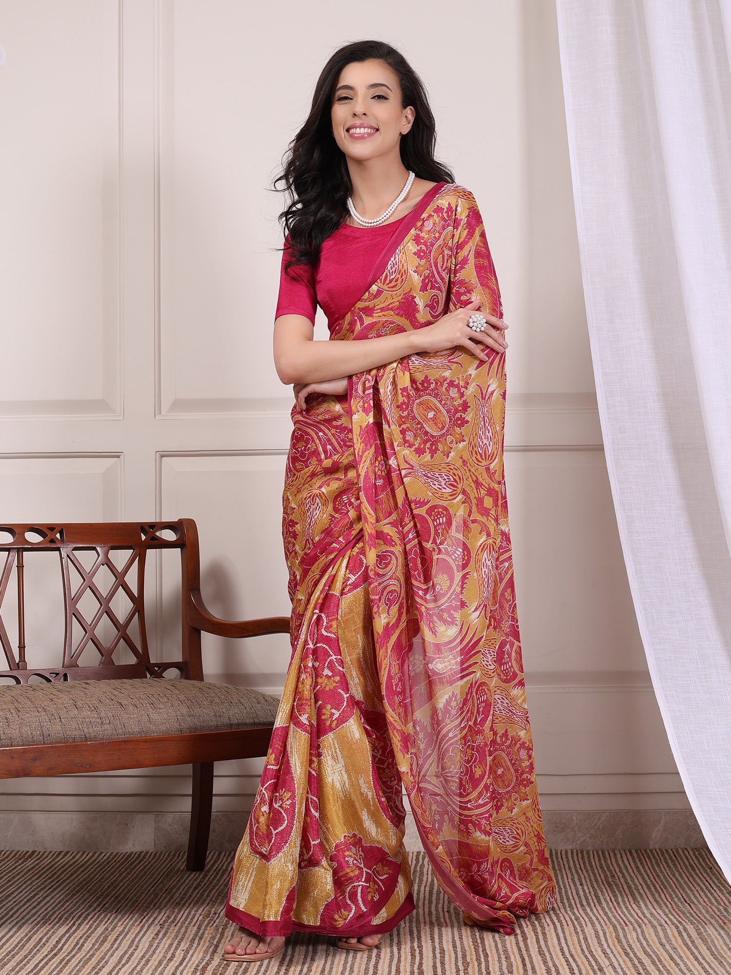 Zehra Rani Pink and yellow Floral Paisley Chinon Saree