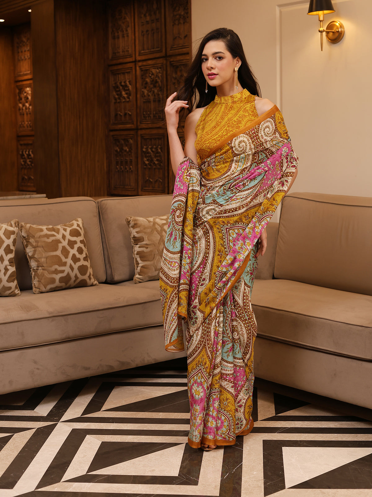 Aafreen Mustard Yellow Pink Ornamental Paisley Chinon Saree