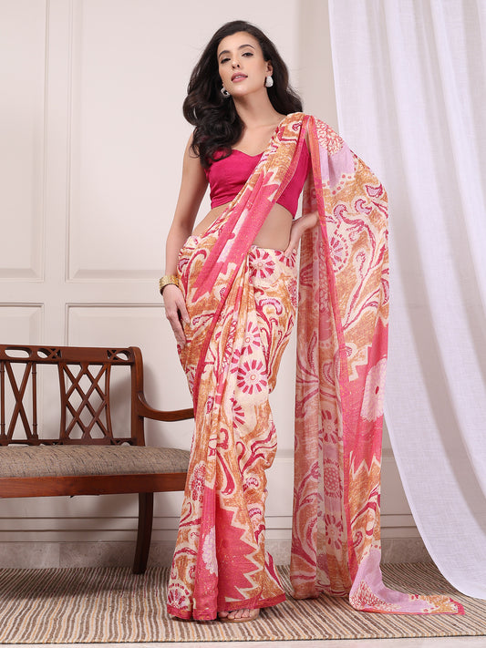 Elyra Peach & Pista Green Paisley Chinon Saree