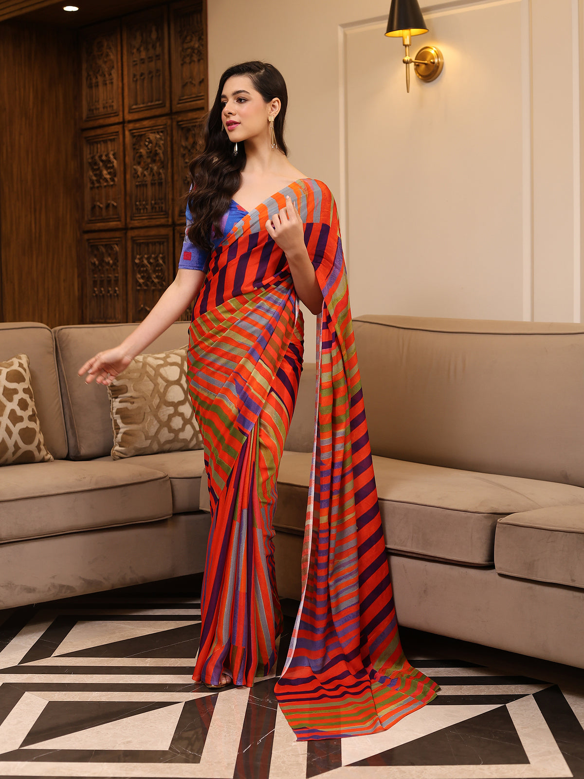 Tarangini Coral Red Cobalt Blue Diagonal Stripe Chinon Saree