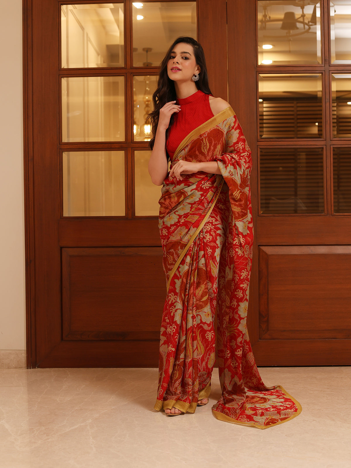 Mahek Crimson Red Gold Botanical Floral Chinon Saree