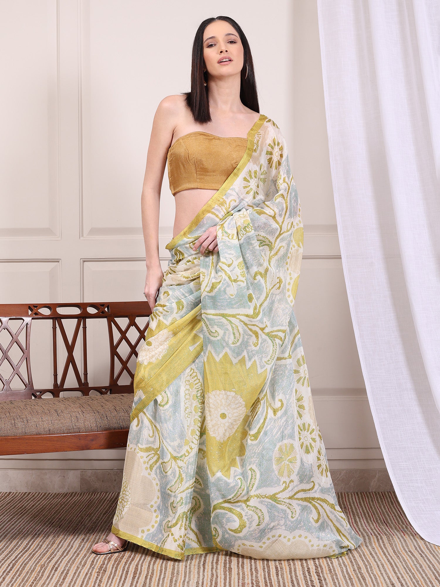 Elyra Sage Green and Gold Floral Paisley Chinon Saree