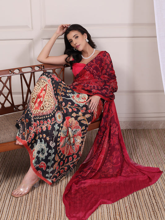 Meher Crimson Red and Black Ajrakh Floral Chinon Saree
