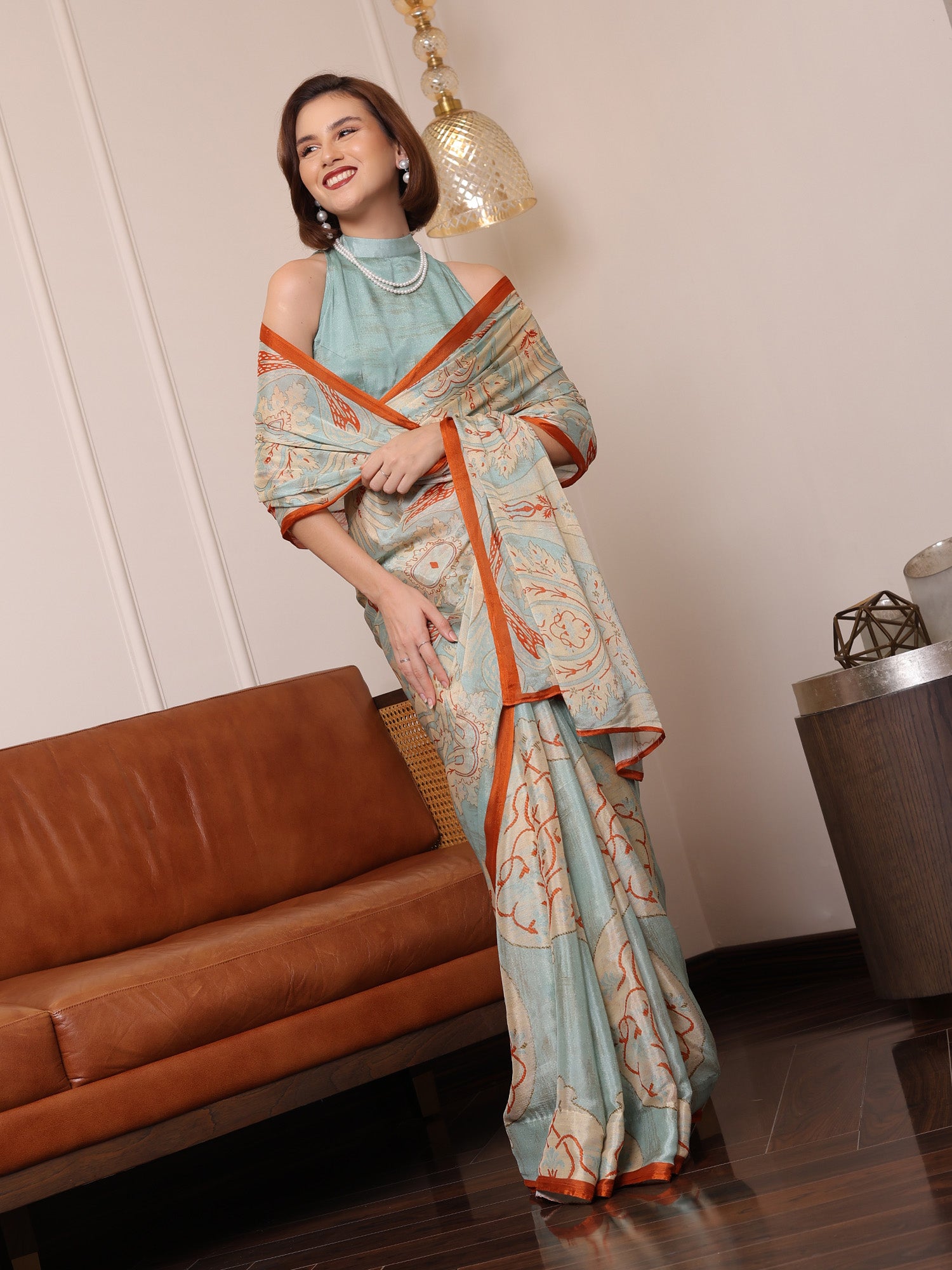 Zehra Powder blue and beige Floral Paisley Chinon Saree
