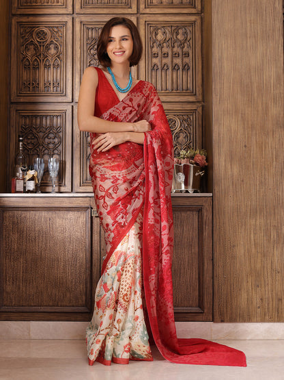 Meher Sindoor Red and white Ajrakh Floral Chinon Saree