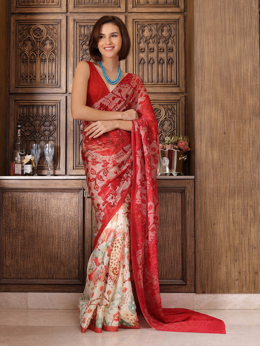 Meher Sindoor Red and white Ajrakh Floral Chinon Saree