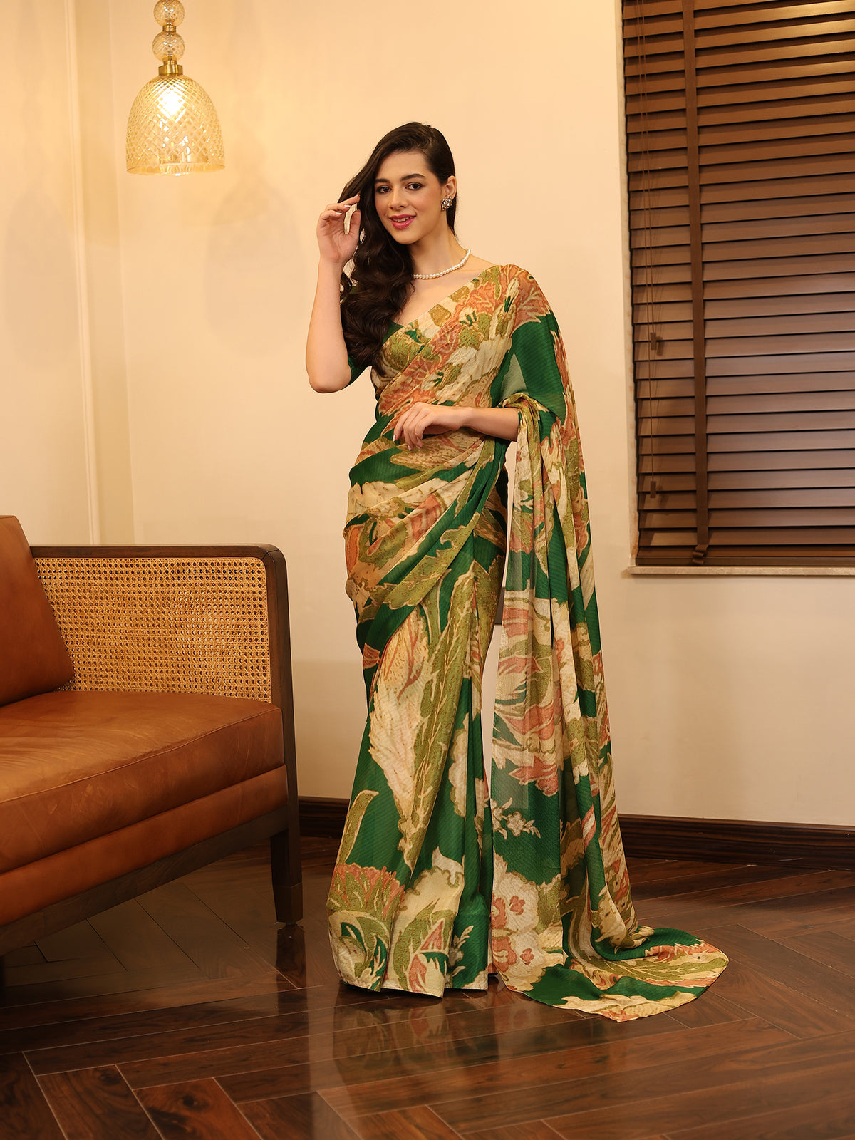 Aarzoo Emerald Green Beige Lily Saree