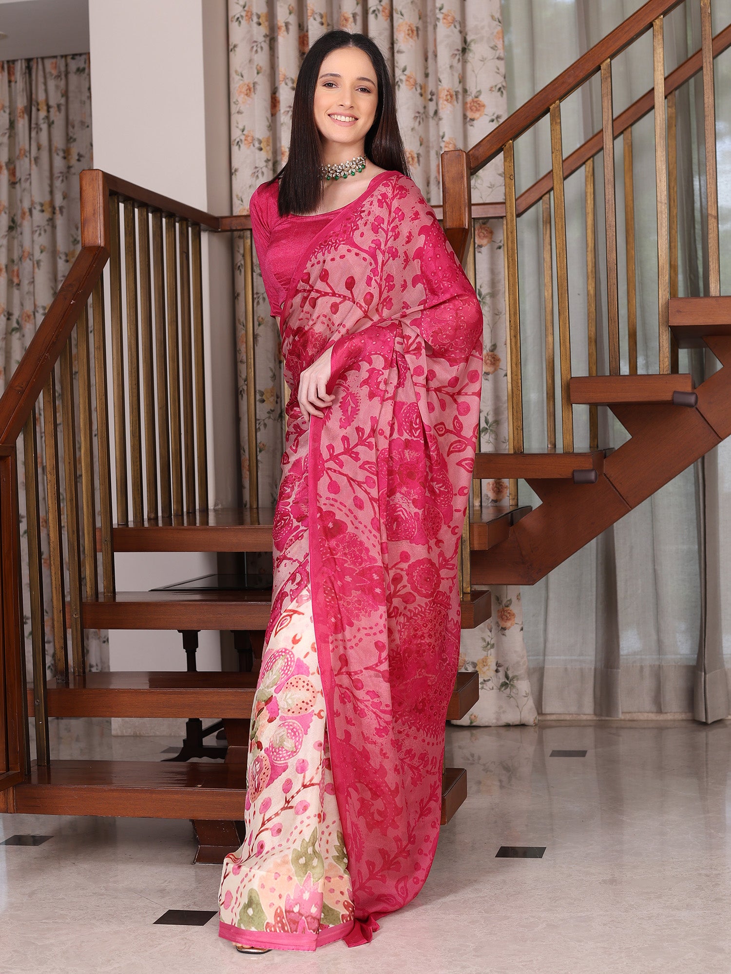 Meher Rani Pink and white Ajrakh Floral Chinon Saree