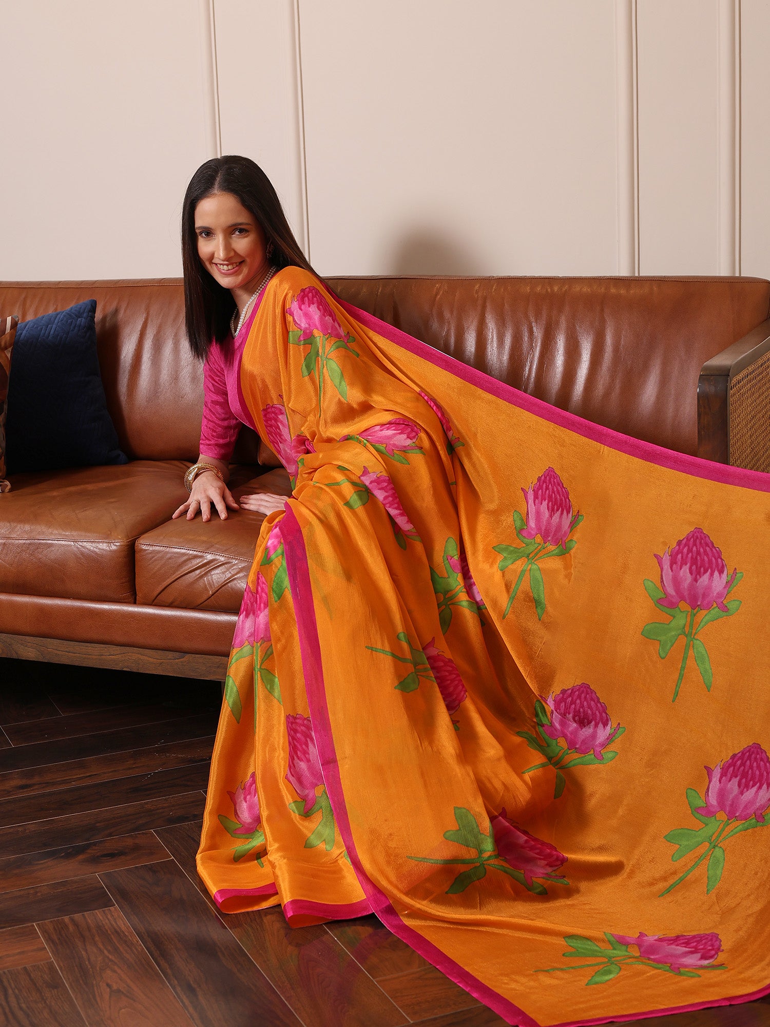 Soraya Marigold and Pink Floral Chinon Saree