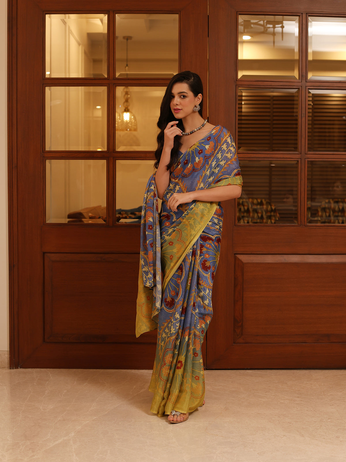 Suhani Slate Blue Rust Ornamental Paisley Chinon Saree
