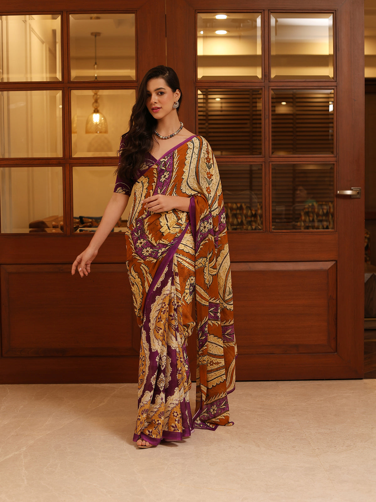 Ruhani Purple Mustard Ornamental Paisley Chinon Saree