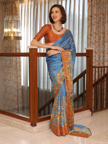 Aurelia Azure Blue and Rust Floral Buti Chinon Saree