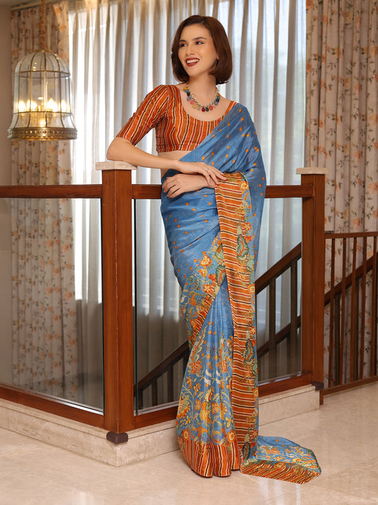 Aurelia Azure Blue and Rust Floral Buti Chinon Saree