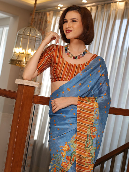 Aurelia Azure Blue and Rust Floral Buti Chinon Saree