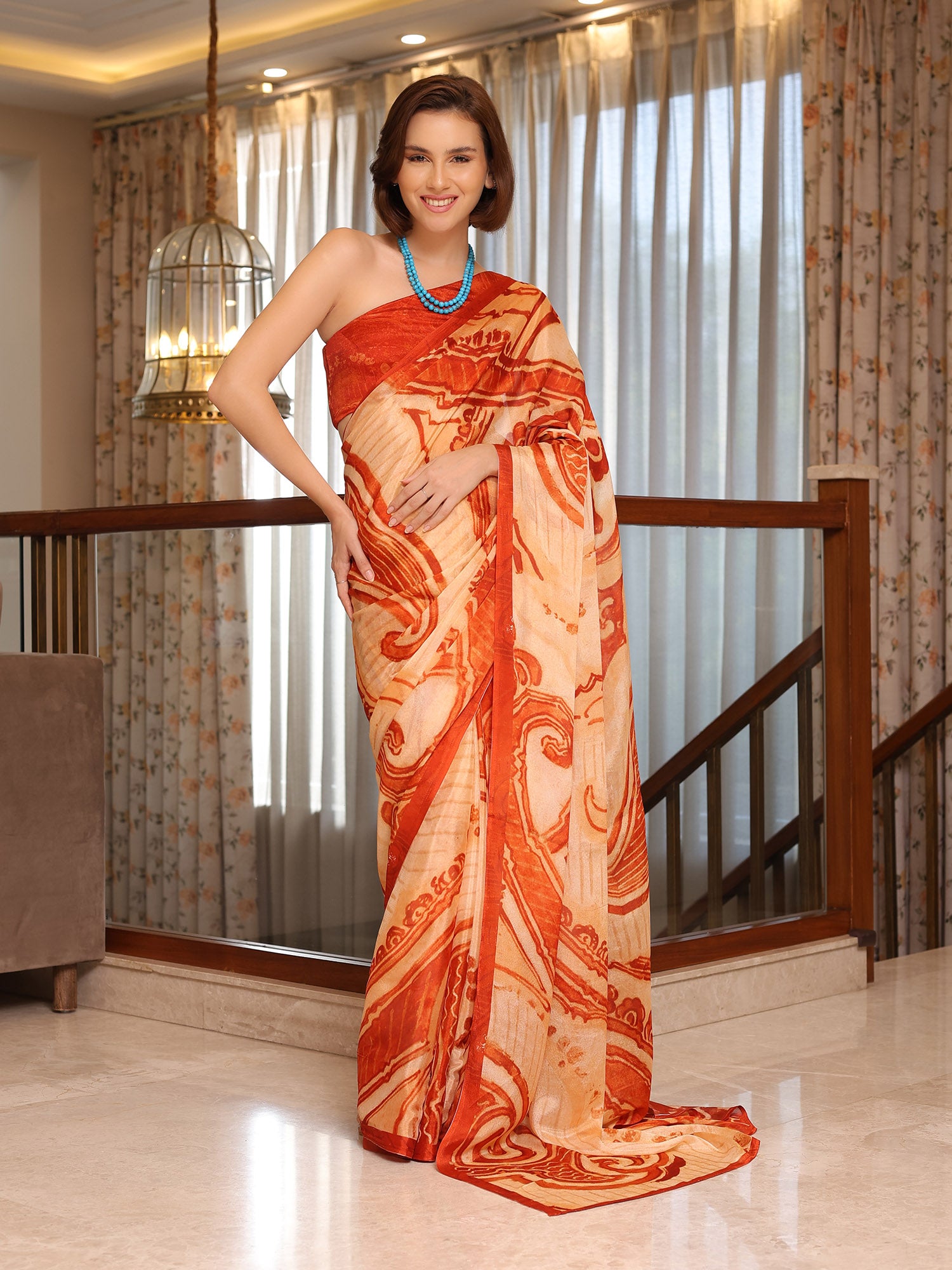 Amara Orange and Ivory Abstract Paisley Chinon Saree