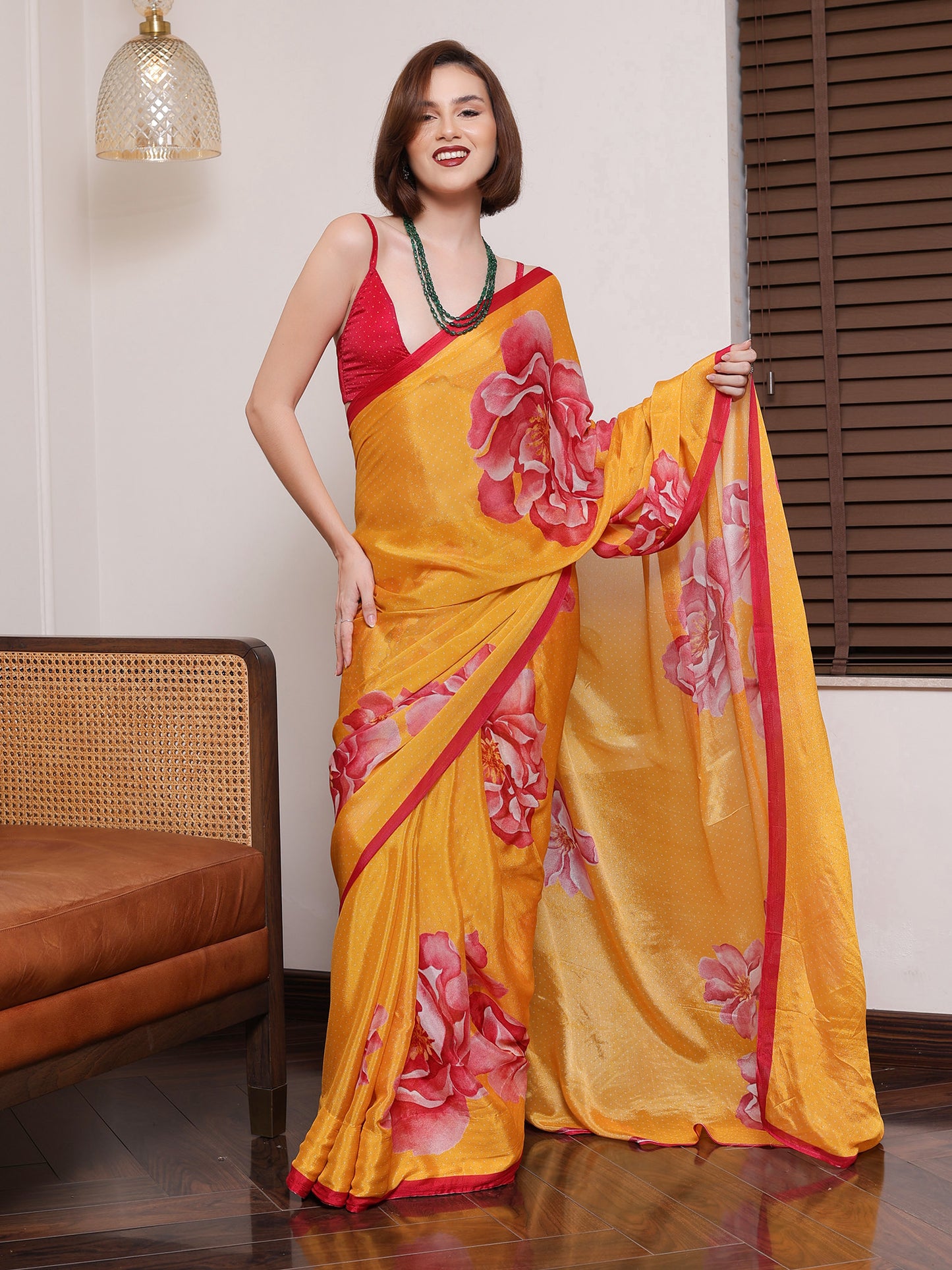 Zareen Yellow and Fuschial Floral Chinon Saree